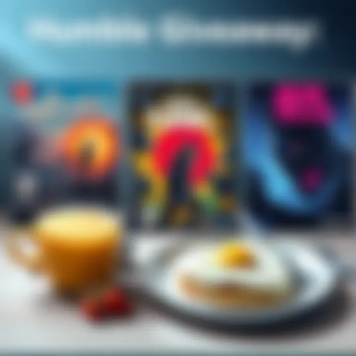 A colorful display of game covers including The Riftbreaker, Tunic, and Dead Cells with a breakfast plate beside them.