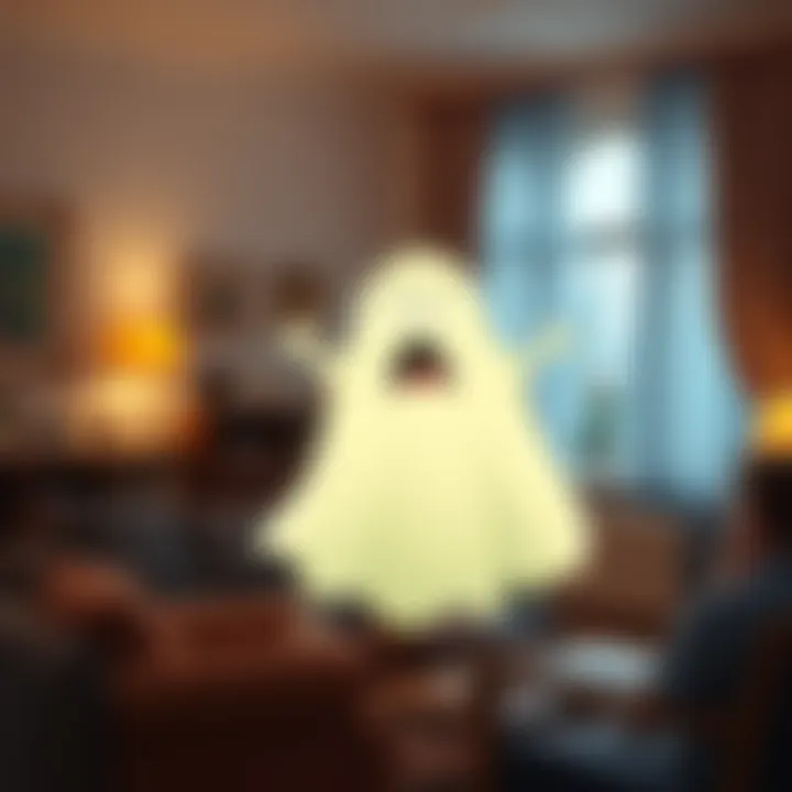 A cartoon ghost with a funny expression scaring a surprised person, set in a cozy living room with playful decorations.