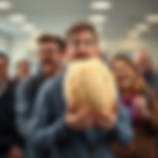 A person looks hilariously shocked while holding an oversized bean, surrounded by friends laughing at the situation.