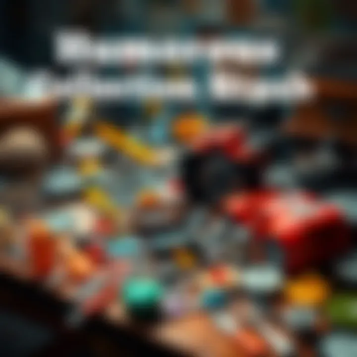 A messy collection of quirky items spread across a table, showcasing various fun and unusual objects that people typically collect, inviting laughter and shared experiences.