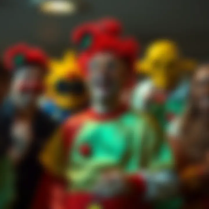 A person dressed in funny costumes joking about a humorous death experience, surrounded by friends