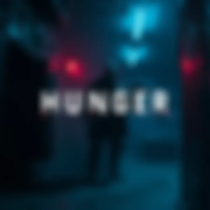 A character in a dark environment, holding a weapon, with eerie shadows and suspenseful lighting, representing the horror shooter aspect of HUNGER.