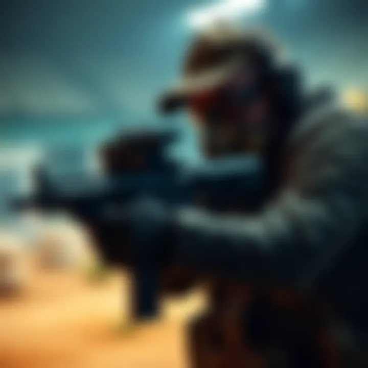 A competitor dressed as Hunk from Resident Evil, wearing tactical gear and a gas mask, aiming a firearm at a shooting target during an IDPA match.