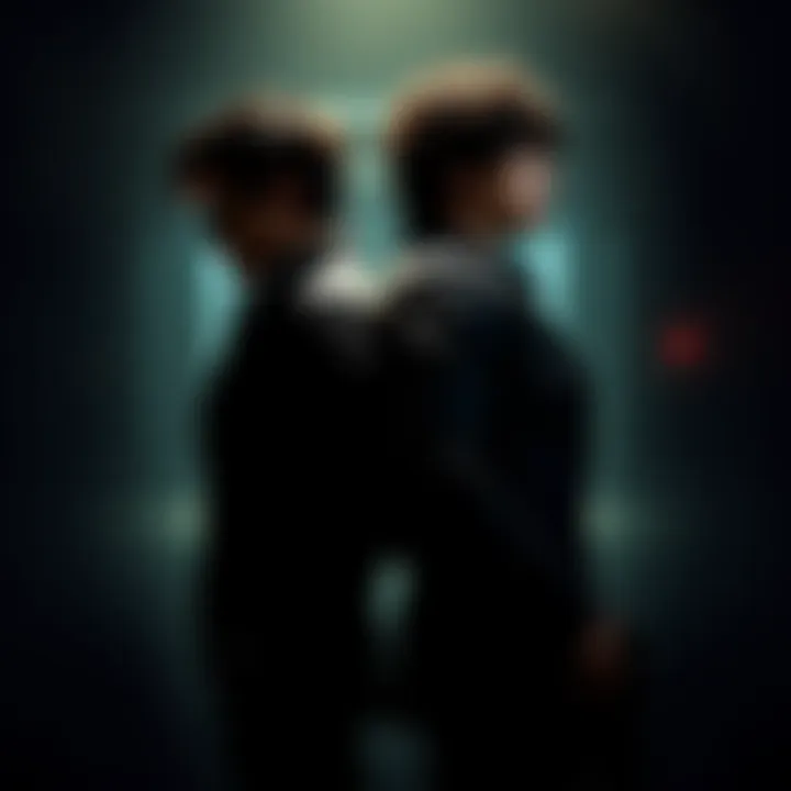 HUNK and Leon standing back to back in a dark setting, highlighting their connection and shared past, with a hint of a laboratory in the background.