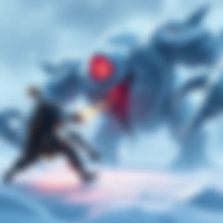 A Monster Hunter character engaging in a fierce fight with Barioth, a large ice monster, in a snowy environment.