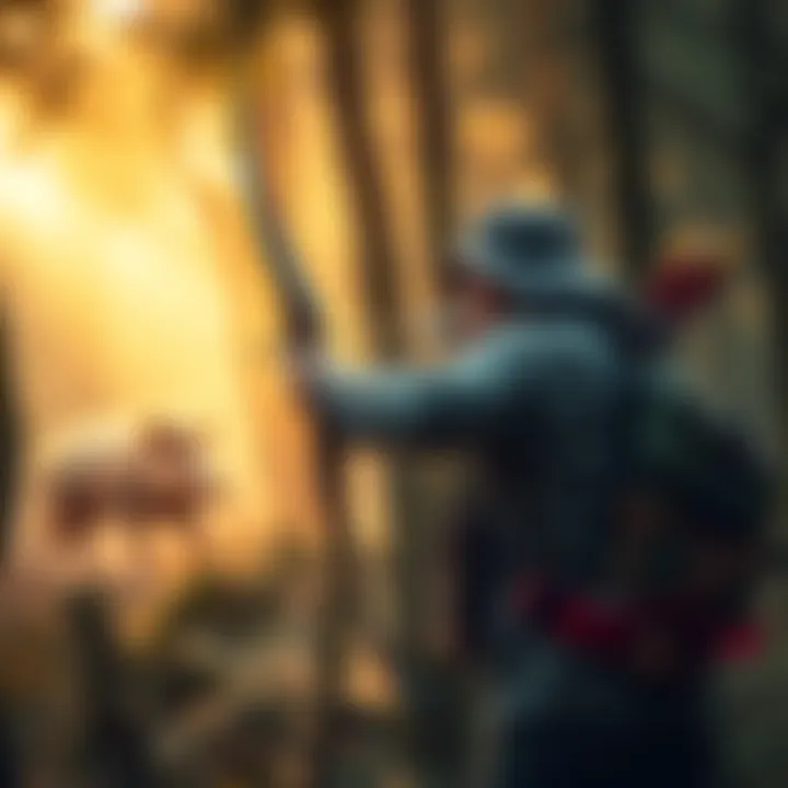A hunter stands in a dense forest, aiming an arrow towards unseen boar, showcasing hunting gear and focused expression.