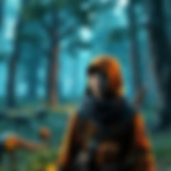 A game character designed as a hunter, looking confused in a virtual forest setting
