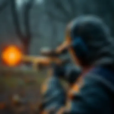 A person aiming a hunting rifle at a target in a natural setting