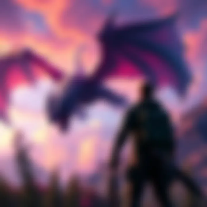 Hunter preparing for battle with Valstrax A hunter stands ready with a sword, looking at the dragon Valstrax flying above in a vibrant sky.