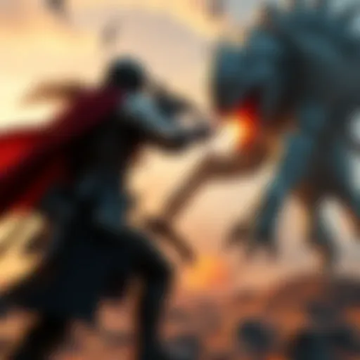 A skilled Hunter confronts a massive Titan in an intense battle, showcasing teamwork and strategy with the Integrity Crew.