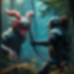 A hunter in armor aiming a light bowgun at a Nargacuga in a forested area