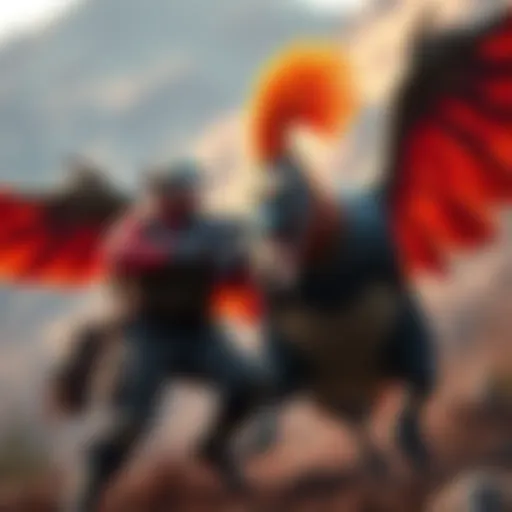 A hunter in high rank combat with a fierce Bazelgeese, showing intense aggression during the battle, with Anjanath in the background.