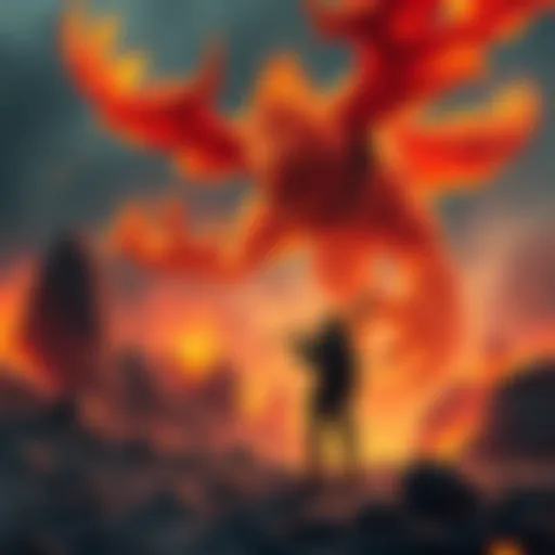 A hunter stands ready with their weapon drawn, confronting the massive, fire-breathing Bazelgeuse in a dramatic setting filled with rocks and flames.