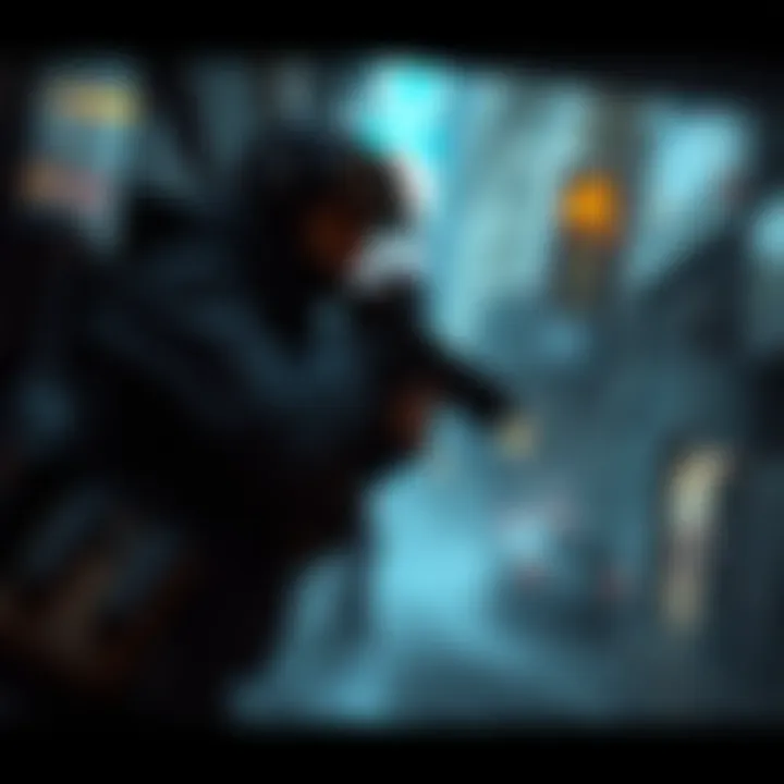 Hunter Game Cover Art A character in tactical gear explores a dark urban environment, showcasing stealth gameplay elements