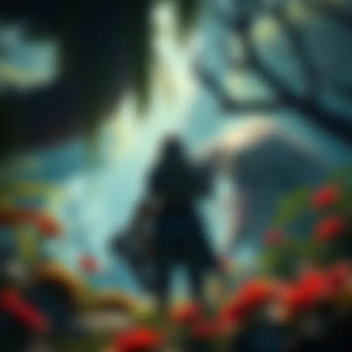 Hunter in a lush environment A Monster Hunter standing ready with a weapon in a vibrant forest filled with large creatures and plants.