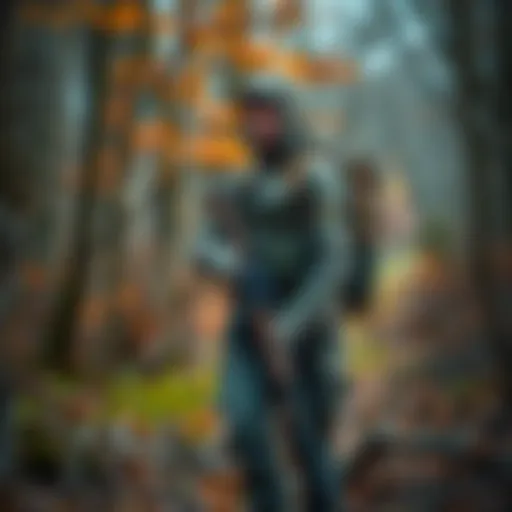Hunter with gear in the woods A hunter wearing camouflage clothing and a backpack stands in a wooded area holding a rifle, with trees in the background.