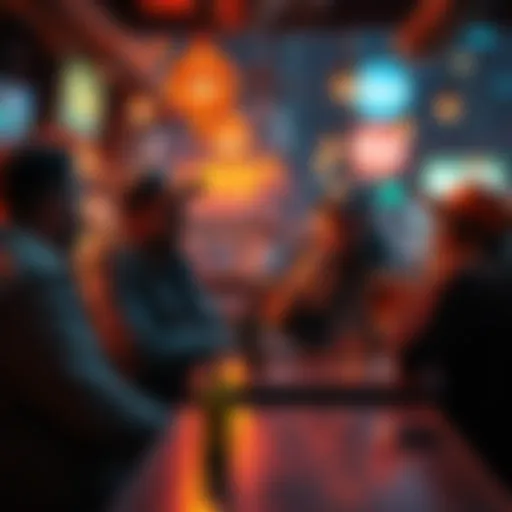 A tired hunter enjoying drinks and laughter with friends at a lively gathering spot after a long day of work.