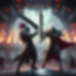 A fierce battle between Hunter and Prime Radahn in an epic arena, showcasing their powerful stances and weapons, ready to clash.