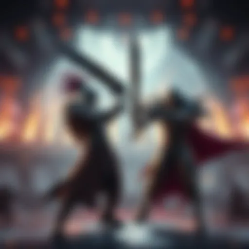 A fierce battle between Hunter and Prime Radahn in an epic arena, showcasing their powerful stances and weapons, ready to clash.