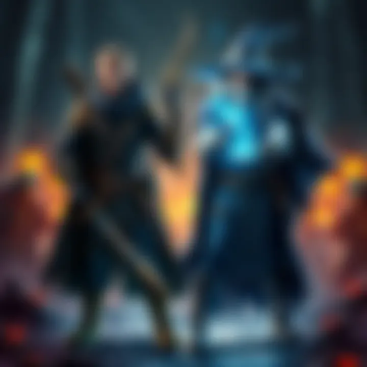 Hunter and Wizard in Battle A hunter and a wizard stand together, ready to face enemies in a fantasy world with weapons and magic spells.