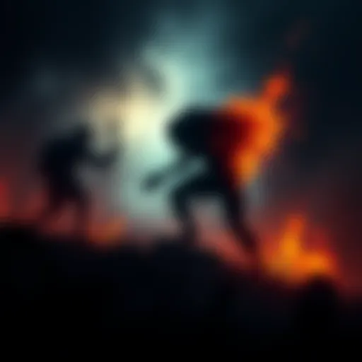 Symbolic representation of hunters and prey A dramatic scene depicting the dynamic between a hunter and prey, with dark shadows and fiery elements symbolizing survival and power, inspired by the track 'Pain Remains l Dancing Like Flames.'