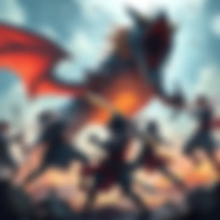 A group of hunters face off against Narwa and Ibushi in a dynamic battle scene, showcasing their skills and coordination in a vibrant arena.