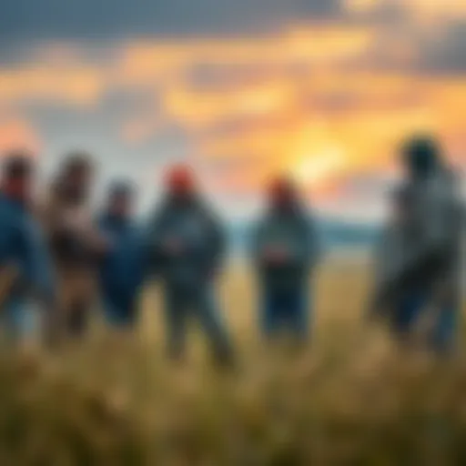 A group of hunters standing in a field, talking about the LeMat Pistol's performance, with one holding the pistol and another examining shells.