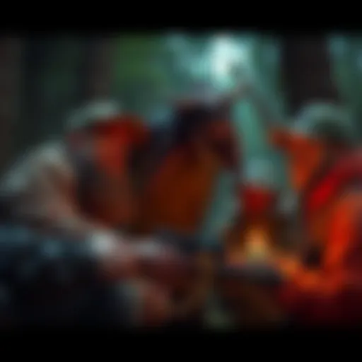 A group of hunters discussing their most hated monsters in the woods, with expressions of fear and concern.