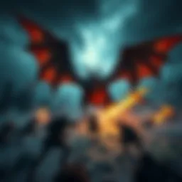 A fierce battle scene showing The Hunters Guild confronting Bayle The Dread, a massive dragon with powerful wings and fiery breath, in a dark, atmospheric landscape.