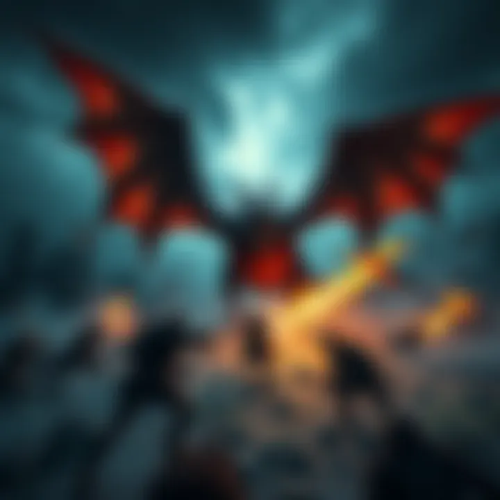 A fierce battle scene showing The Hunters Guild confronting Bayle The Dread, a massive dragon with powerful wings and fiery breath, in a dark, atmospheric landscape.