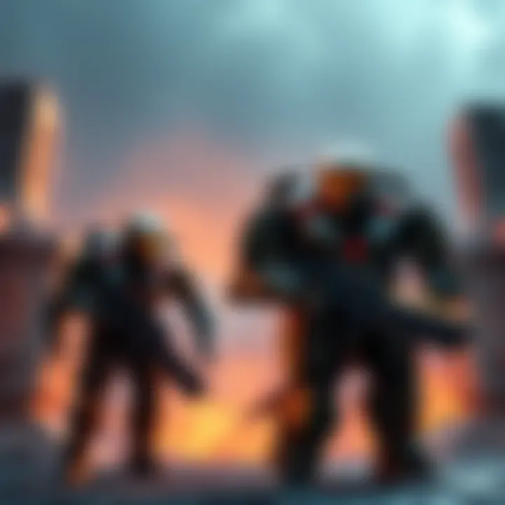 Hunters in Halo Two large Hunters standing in the Halo universe, ready for battle, showcasing their bulky armor and powerful weapons.