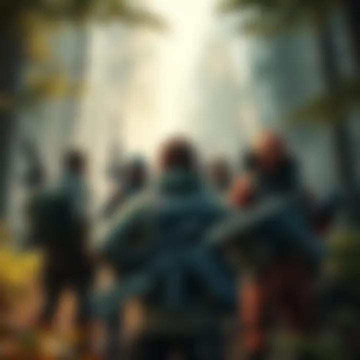 A group of diverse hunters preparing for a mission, showcasing various weapons and gear in a forest setting