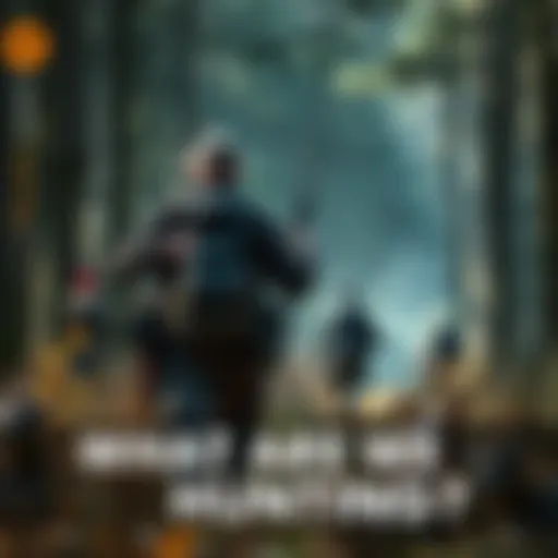 A group of hunters walking through a forest, carrying gear and looking for game.