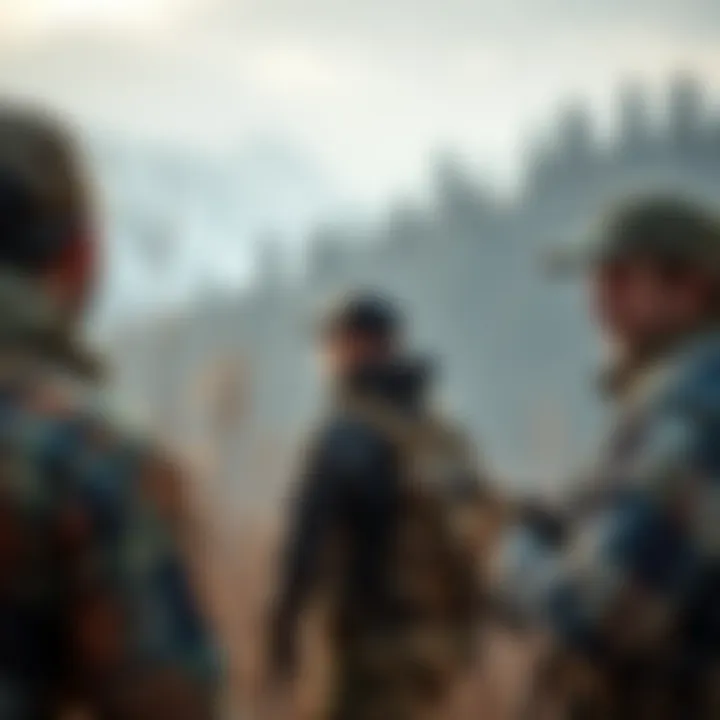 Hunters in a serene setting, wearing gear, focused on their surroundings without the distraction of loud noises.