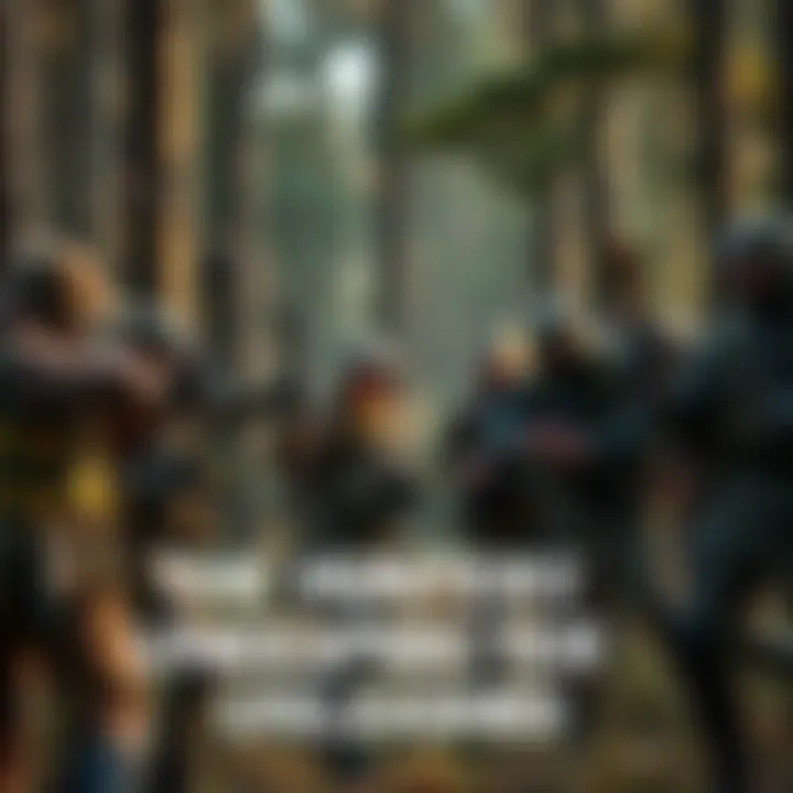 Hunters Showcasing New Strength A group of hunters demonstrating their enhanced skills in a forest, featuring bow and arrows, wearing tactical outfits, and discussing strategies.