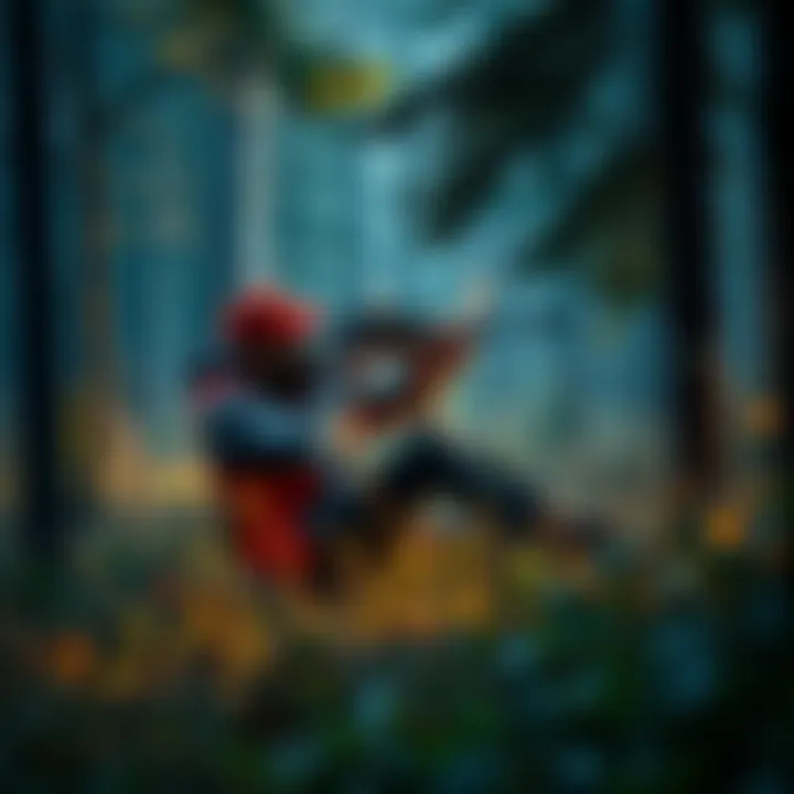 Hunting Expedition in Action A hunter in a forest aiming at a deer while surrounded by trees and underbrush.