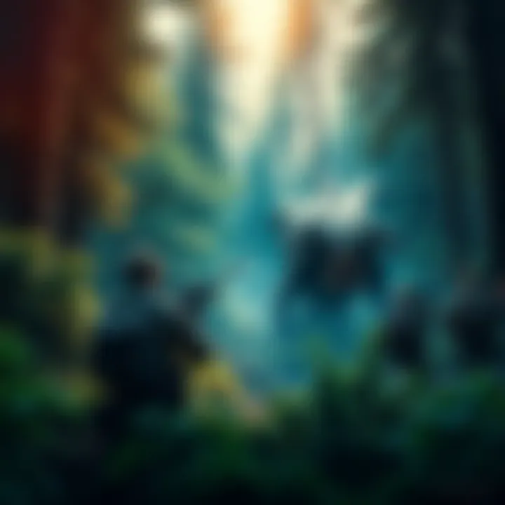 Hunting Big ARCs A group of hunters observing a large creature in a dense forest, preparing their equipment for the chase.