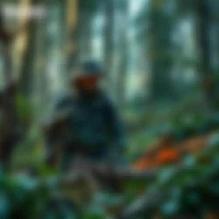A character dressed in ranger attire searching for food in a lush forest, with various plants and wildlife around