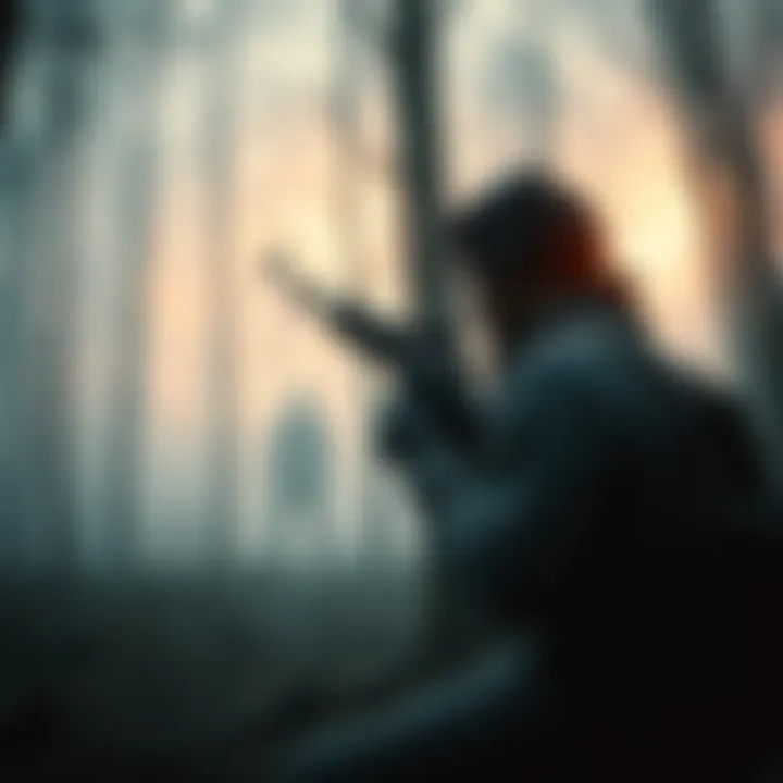 A player in a dense forest, holding a rifle while looking at a shadowy figure lurking behind the trees, creating a tense atmosphere
