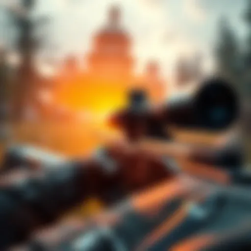 Hunting rifle in action A player aiming with a hunting rifle in a game setting, showcasing the weapon's design and environment