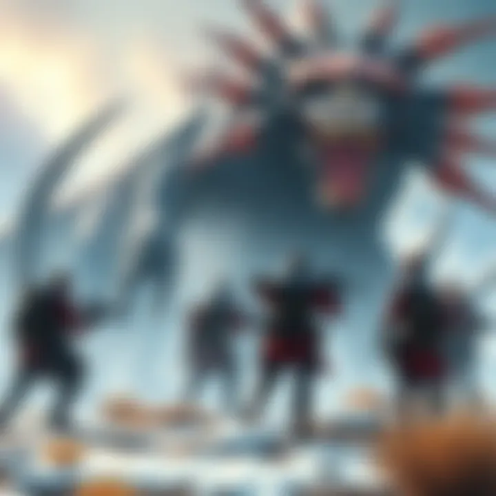 A group of players collaborating to hunt a giant monster in Monster Hunter World: Iceborne.