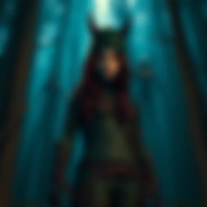 A character resembling Huntress stands in a dark forest, looking uncertain as shadows of Jason and Springtrap loom nearby.