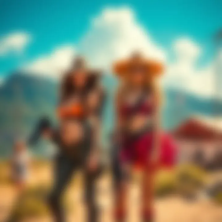 Two huntresses wearing different outfits, showcasing design and style in a vibrant outdoor setting