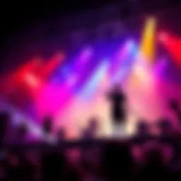 Huntrix band members energetically performing on stage with colorful lights, while a contrasting shadowed figure of Samurai stands in the background, symbolizing their overlooked status.