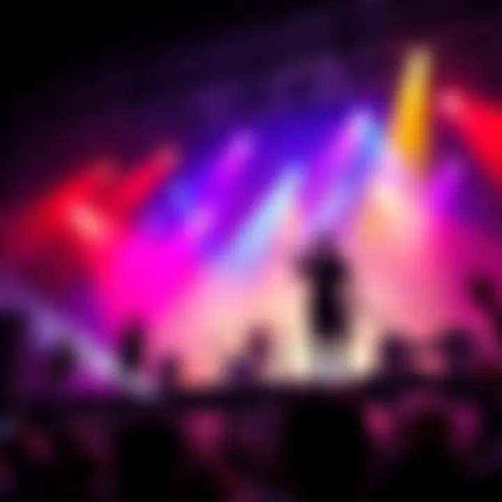 Huntrix band members energetically performing on stage with colorful lights, while a contrasting shadowed figure of Samurai stands in the background, symbolizing their overlooked status.