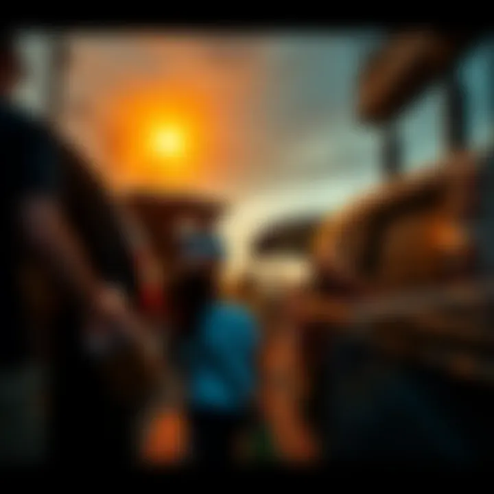 A group of people quickly packing their cars with belongings as strong winds begin to pick up during a hurricane evacuation.