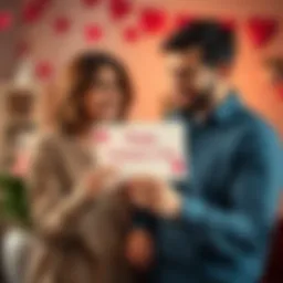 A smiling husband holds a card wishing his wife and her boyfriend a happy Valentine's Day, with hearts and flowers in the background.