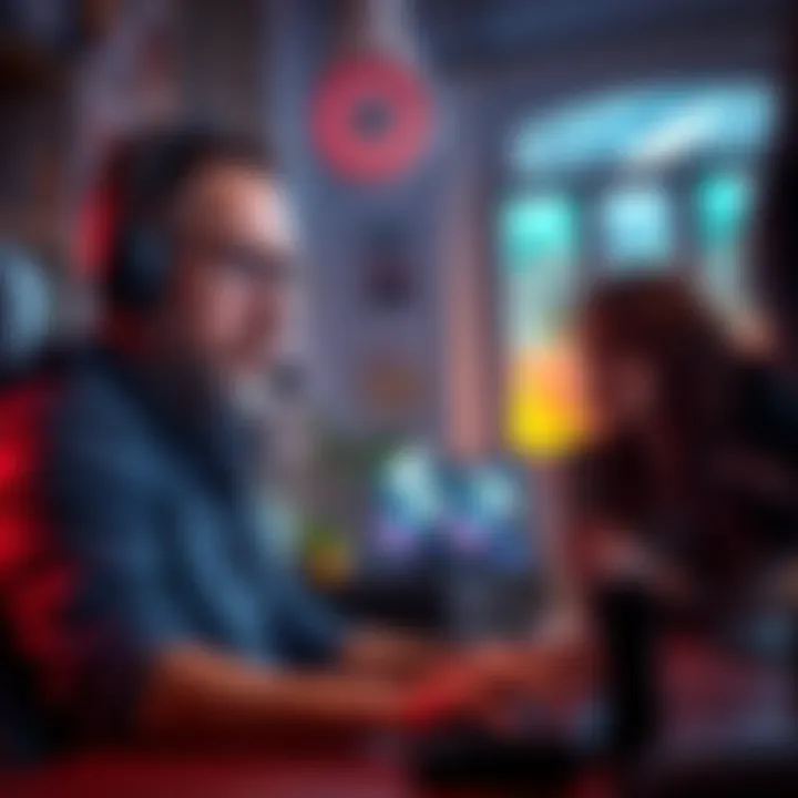 Husband gaming at the computer A man intensely focused on a computer screen, surrounded by gaming gear, while his wife looks frustrated nearby.