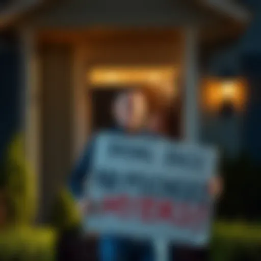 A man holding a sign that says 'Bring Back Michael Myers!' stands in front of his house, looking frustrated. His wife watches from the doorway with a puzzled expression.