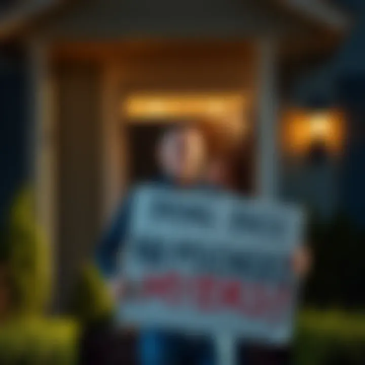 A man holding a sign that says 'Bring Back Michael Myers!' stands in front of his house, looking frustrated. His wife watches from the doorway with a puzzled expression.